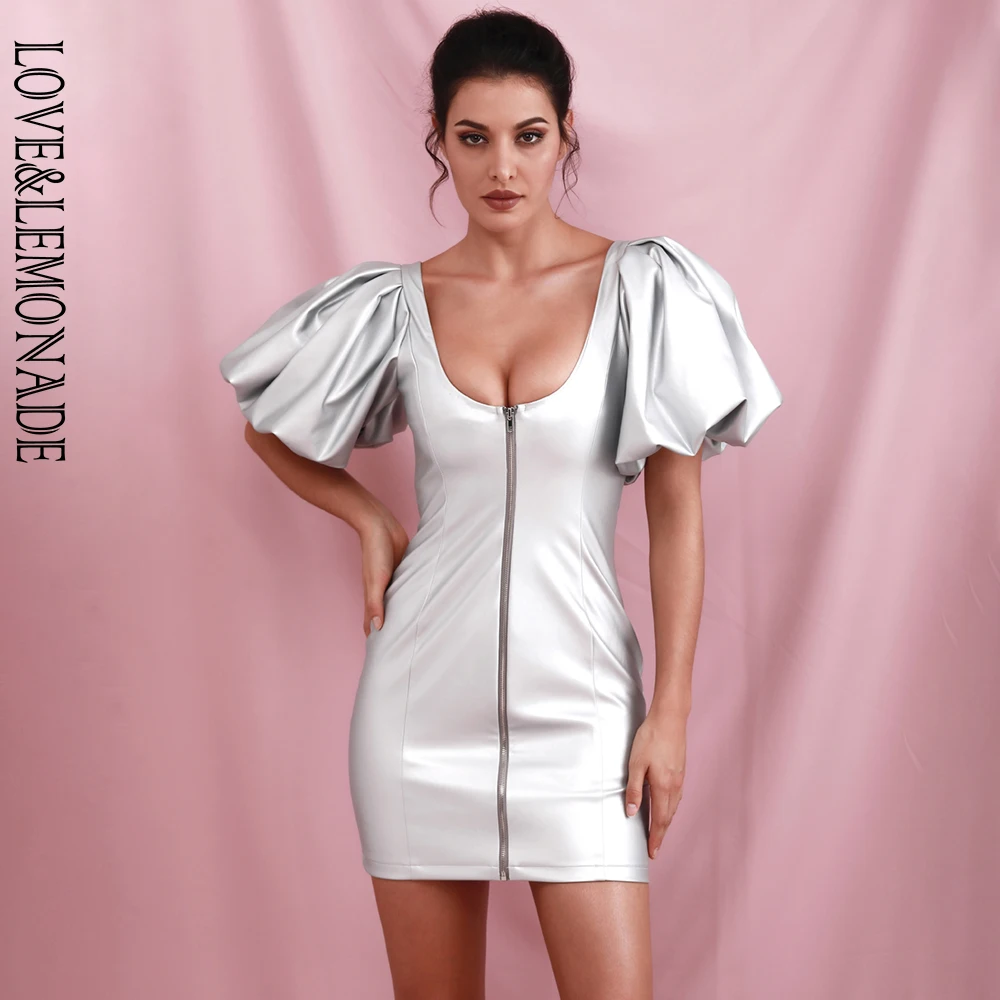 LOVE&LEMONADE Sexy Silver Round Neck Open Zipper Large Bubble Sleeve Elastic PU Bodycon Party Mini Dress LM82233