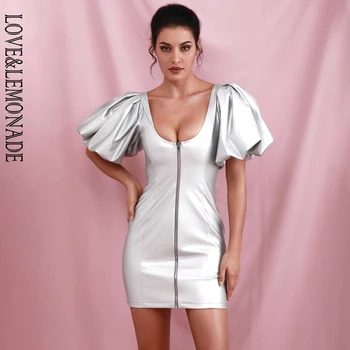 

LOVE&LEMONADE Sexy Silver Round Neck Open Zipper Large Bubble Sleeve Elastic PU Bodycon Party Mini Dress LM82233