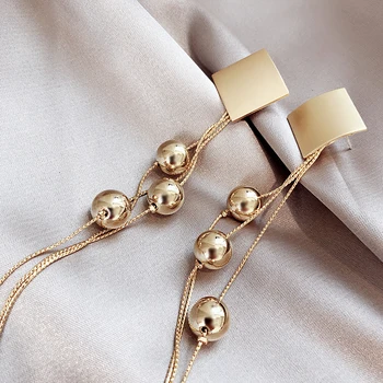 

Shiny Side Gold Color Geometric Stud Earrings for Women Gift Beads Long Tassel Earrings