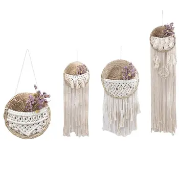 

Lace Tapestry Wall Hanging Woven Flower Pot Home Garden Wall Decoration Rattan Bohemian Style Decorative Gardening Basket