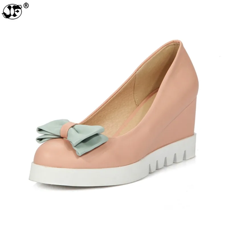 

2019 big size 33-43 sweet bowtie pointed toe slip on woman shoes platform wedges high heels party pumps lady 415