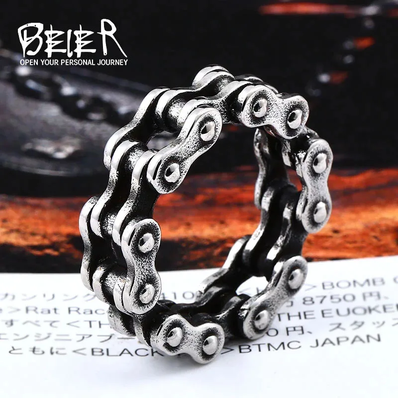 BEIER 316L Stainless Steel Motorcycle Car Chain Boy Ring Punk Rock link Men's biker Ring High Quality Jewelry LLBR8-514R