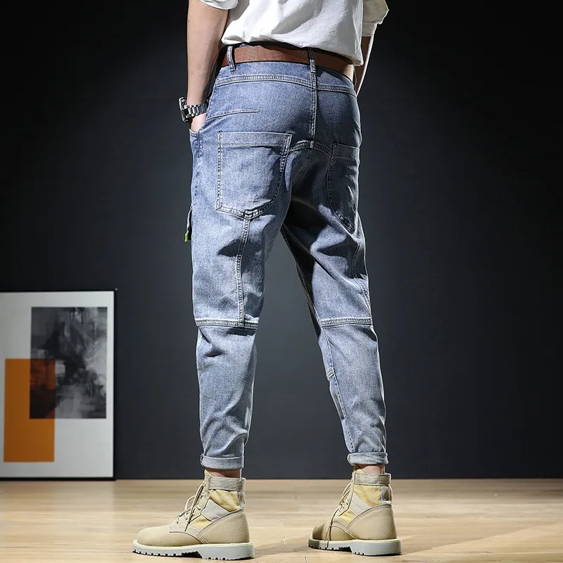 Summer Men Jeans Cargo Pants Streetwear Casual Light Blue Patchwork Jean  Mens Clothing Denim Trousers ropa pantalones hombre