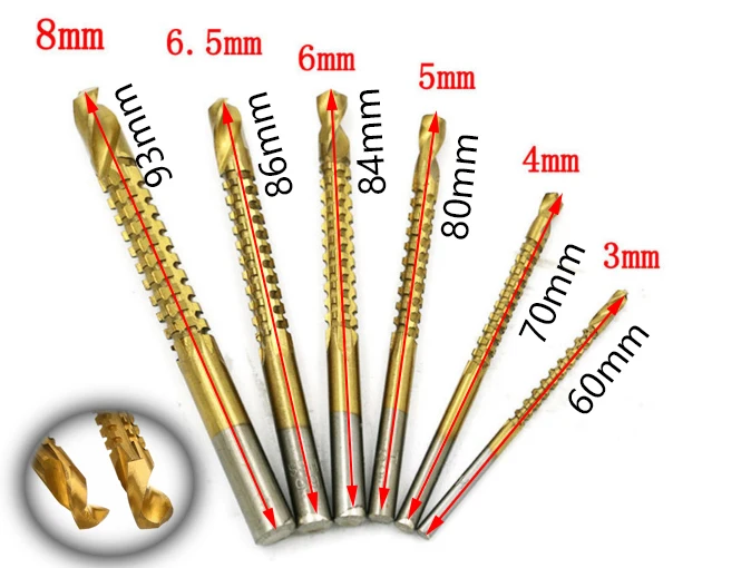 Factory wholesale 6pcs 3-8mm Titanium Coated HSS Drill Bit Electric Plastic Wood Hole Grooving woodworking tools | Инструменты