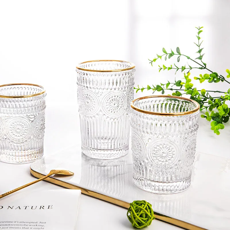 Nordic Vintage Glass Cup Sun Flower Embossed Wine Glasses Milk Coffee Cup Cold Drink Glass 265ml/330ml Transparent Water Cups