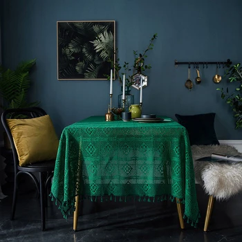 

Retro Decorative Hollow out Tablecloth With Tassel Waterproof Oilproof Rectangular Wedding Dining Table Cover Tea Table Cloth