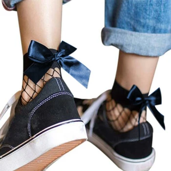 

3pair Harajuku Fancy Women Socks Mesh Summer Fishnet Bows One Size Fashion Japanese Style Ankle High Nylon Breathable Adult