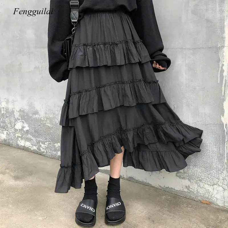 Long Skirts Womens Maxi Skirt Goth Lolita Summer High Waisted Asymmetrical High Low Ruched Ruffle Skirts