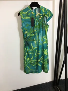 

Summer New Style European and American High-end Women's Fashion Jungle Leaf Printing Metal Buckle Sleeveless Dress