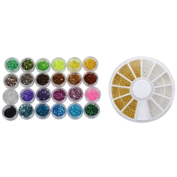 

24 Color Sequin Glitter Deco Chips Nail Manicure Acrylic Gel. & 300 PCS Nail Art Gold Silver Ball Bead Tips Decoration