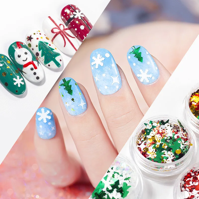 6Pcs/Set Christmas Manicure Art Decoration Snowflake Christmas Tree Snowman Pentagram Set Sequins DIY Nail Design Accessories