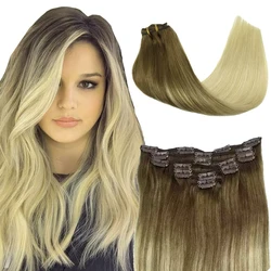 POPUKAR Clip in Human Hair Extensions Natural Real Hair Light Brown Honey Blonde Ombre Straight Hair Extensions 20 Inch 120g