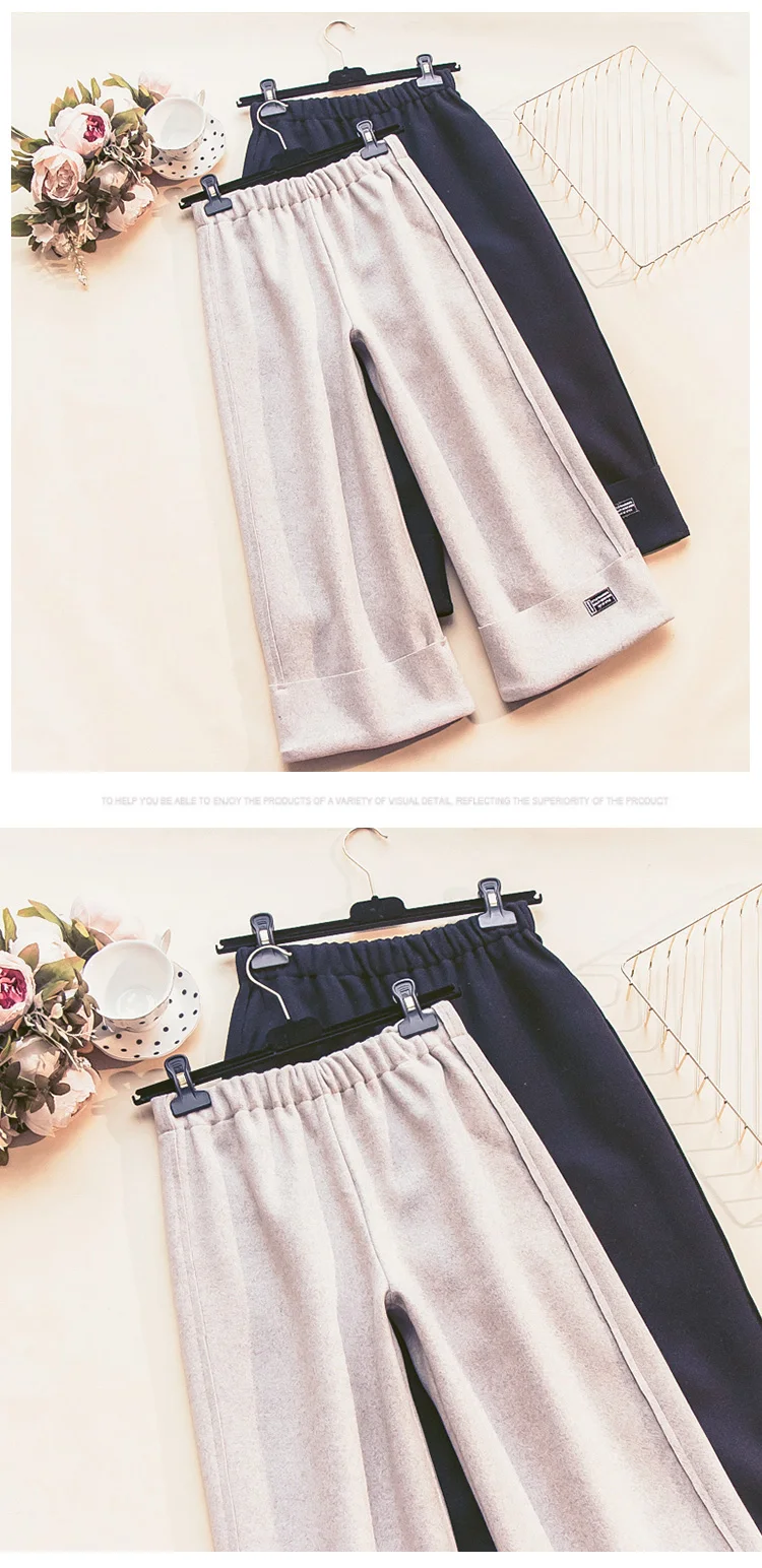 Autumn Winter Women Thicken Warm Woolen Wide Leg Pants Female Casual Sloid Color Plus Size Elastic Waist Trousers Streetwear