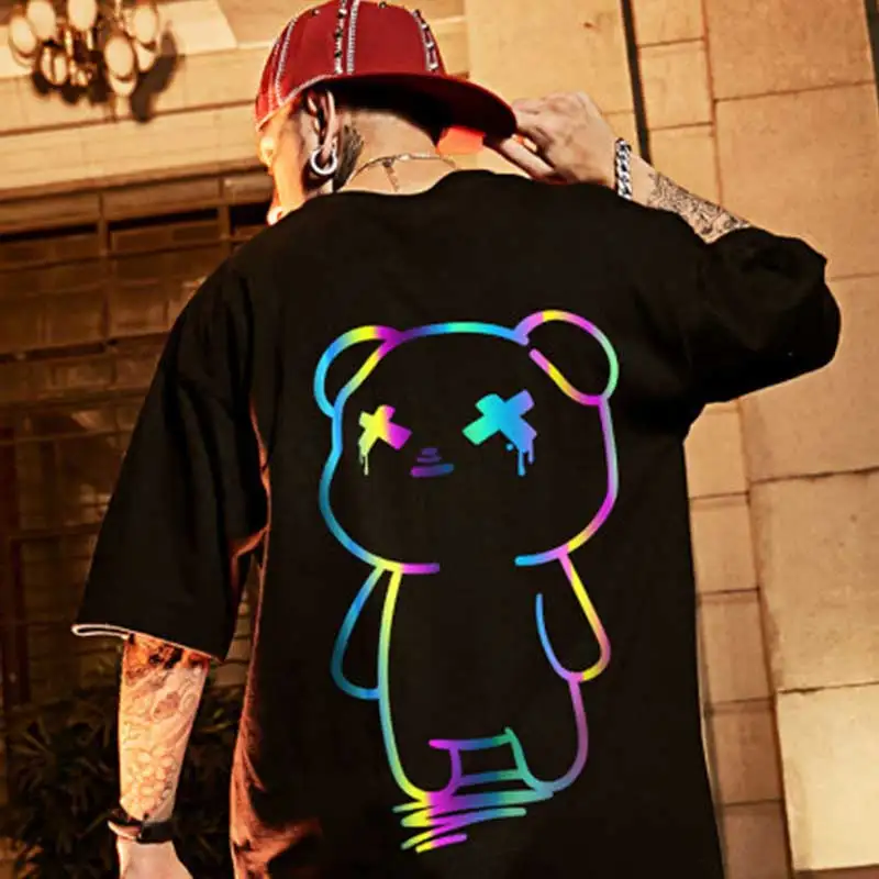 Oversize t shirts Cartoon Bear Print Reflective Rainbow T Shirts Harajuku  Streetwear Top Tees Cotton Casual Half Sleeve Clothing