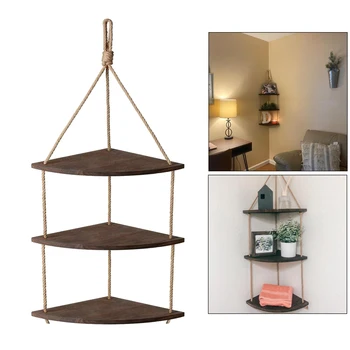 

ing Corner Shelf 3Tier Jute Rope Wood Wall Floating Shelves Rustic Organizer