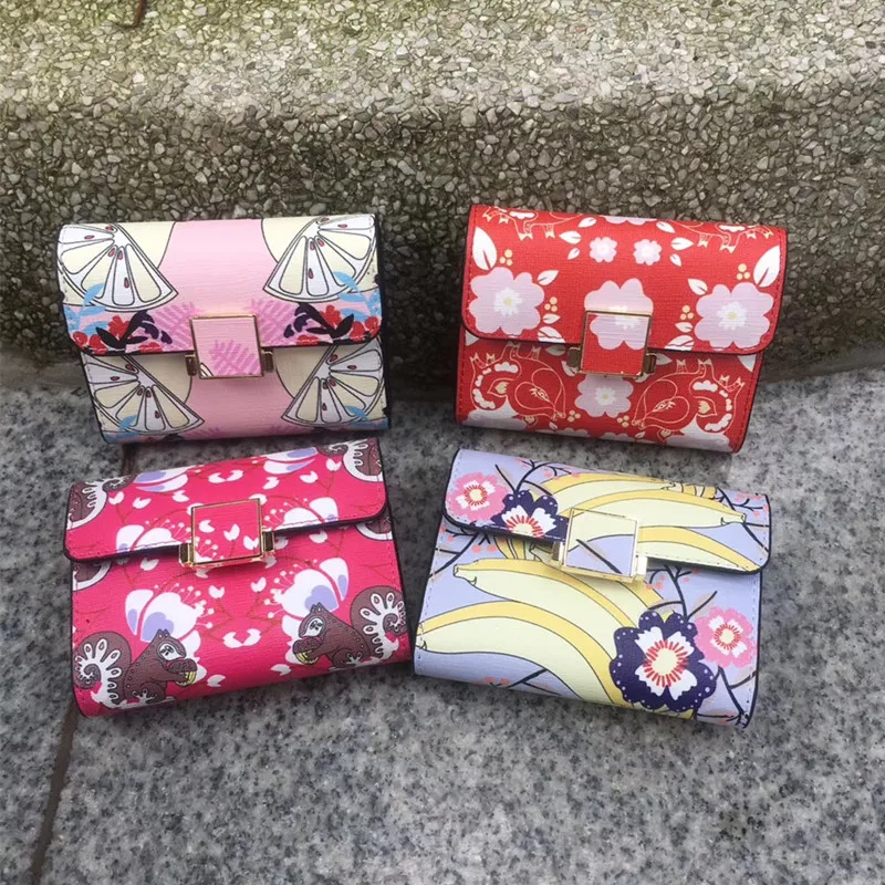 

New girls print cute small wallet short leather wallet purse multi-function card bag wallet