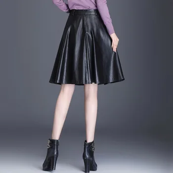 

Pu leather skirt Girl skirts women qiu dong female black a-line pleated tall waist umbrella long contracted large yards in A