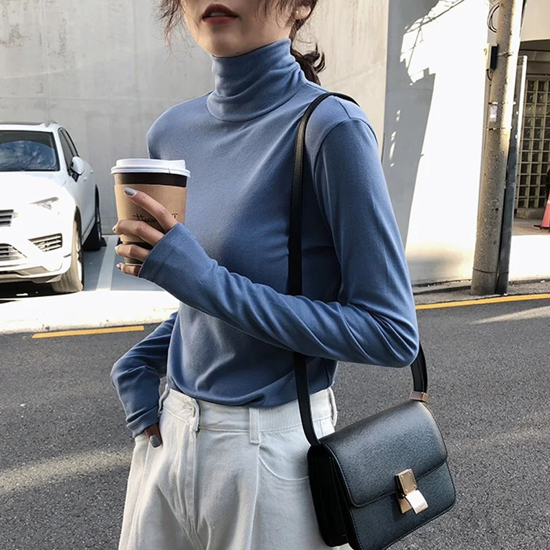 

Harajuku Solid Color Bottoming t Shirt Women Spring Autumn Tee Shirt Korean Turtleneck Slim Long Sleeve 90s Black White T-shirts