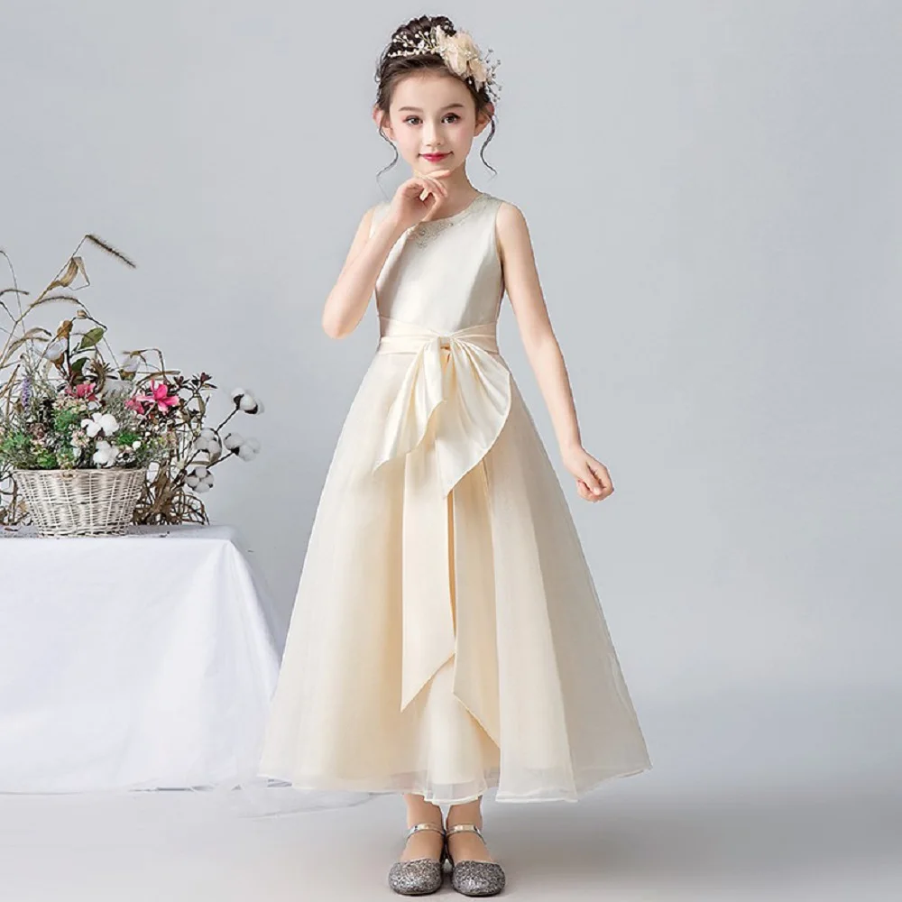 Satin Flower Girl Dresses Wedding Birthday Party Gown Cap Sleeve Kid Princess Pageant Gowns Junior Bridesmaid Dress