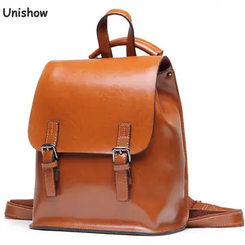 

Unishow Genuine Leather Backpack Women Brand Designer Ladies Backpack Cow Leather Travel Backpack Bag Vintage Shoulder Rucksack