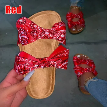

Bow Tie Flat Sandals Womens Open Toe Thick Bottom Beach Slides Cute Bowknot Summer Slip on Slippers Rubber Flat with Print Sfit