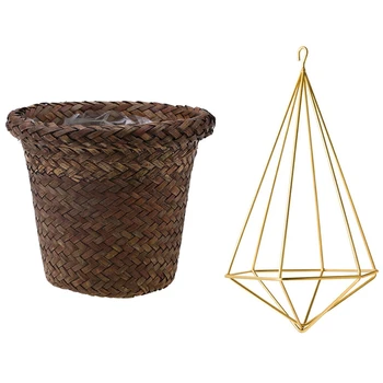 

Seating Grass Storage Basket Garden Flower Pot Brown & Hanging Air Plant Holder Modern Geometric Planter with Chain