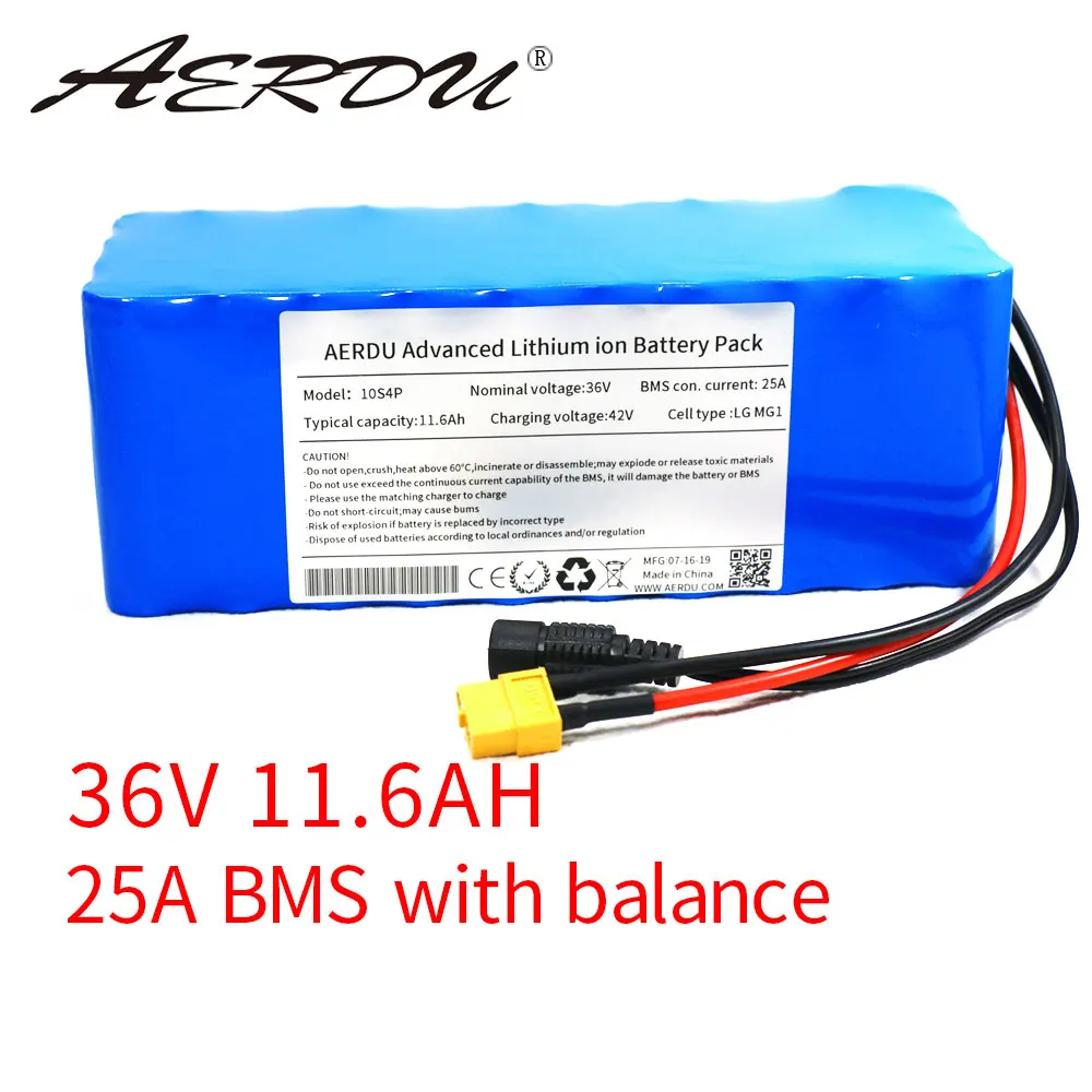 AERDU 36V 11.6Ah 12Ah 18650 литий-ионный аккумулятор 25A XT60 DC5521 электрический скутер 750W 600W 500W электродвигатель для скутера автомобиля для LG MG1