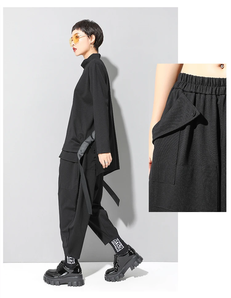 Черные Плотные шаровары с высокой талией и карманами, новые модные Свободные повседневные брюки с эластичной резинкой на талии, женские корейские брюки на осень и зиму