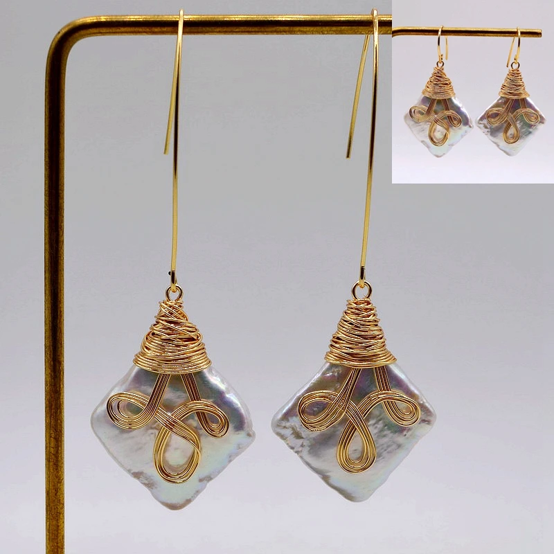 

Exaggerated Baroque Square Earrings Natural White Pearls Handmade Large Square Gold Earrings Handmade Women's Products