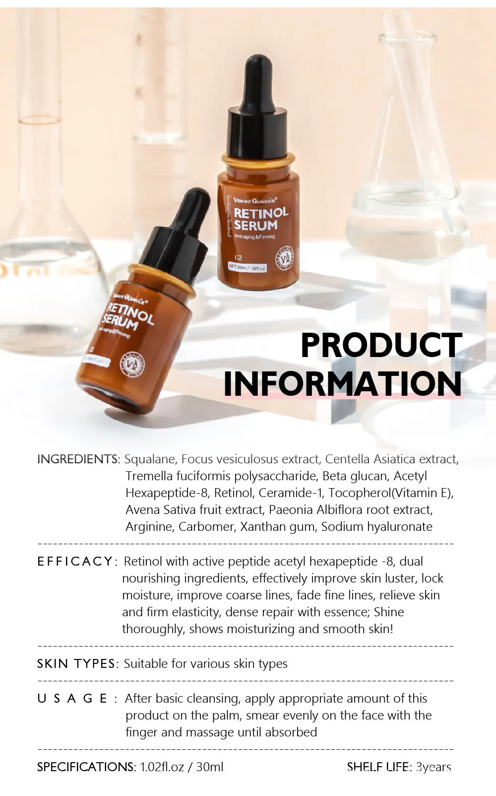 VIBRANT GLAMOUR Retinol Serum Anti Wrinkle Firming Lifting Improve Fine Lines Brighten Whiten Shrink Pores Anti Aging Skin Care