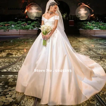 

SATONOAKI Modest Off The Shoulder Ball Gown Wedding Dresses 2020 Satin Sleeveless Zipper Back Arabic Bridal Gowns Sweep Train