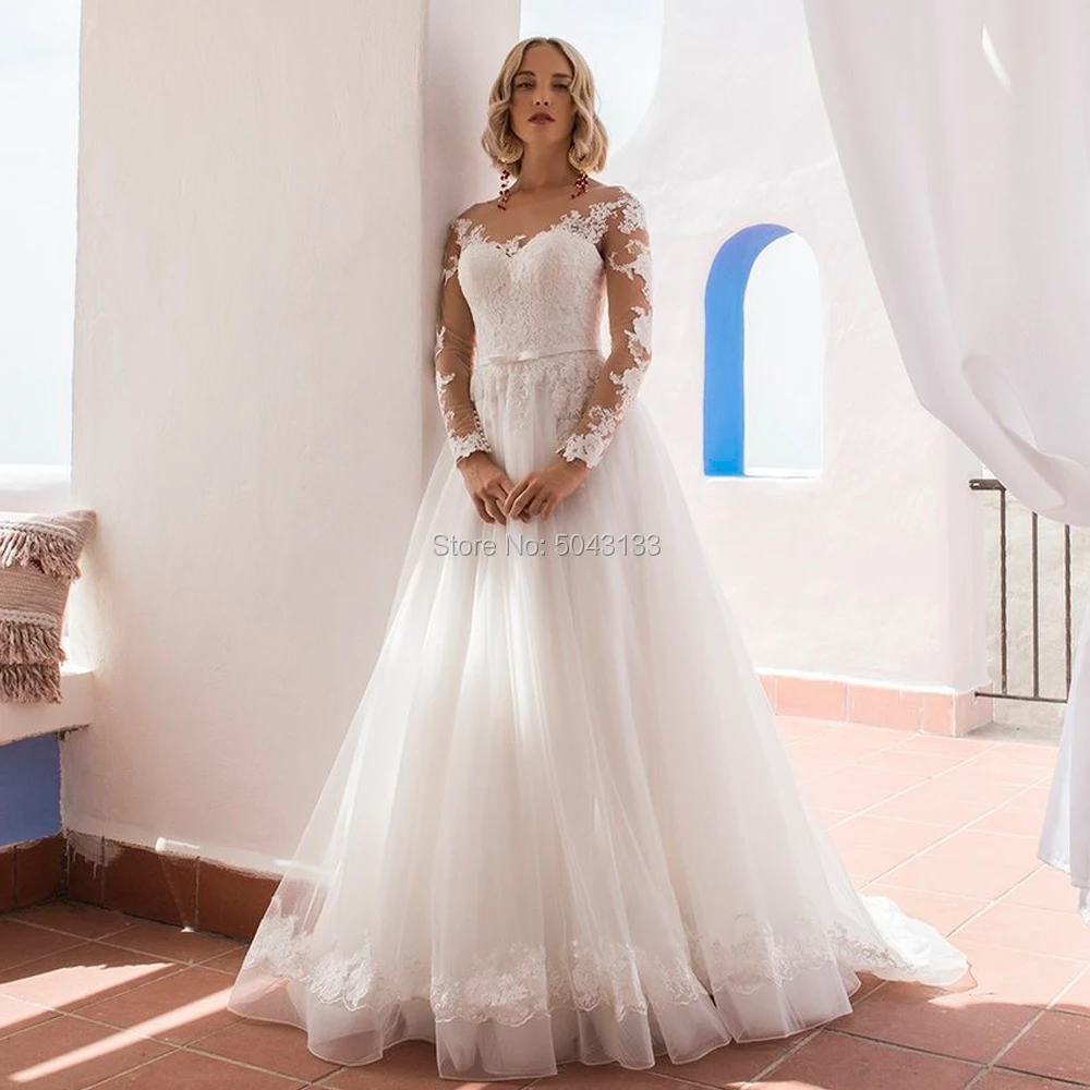 

Plus Size A Line Long Sleeves Wedding Dresses 2020 Romantic Lace Appliques Sheer Scoop Neck Buttons Back Soft Tulle Bridal Gowns