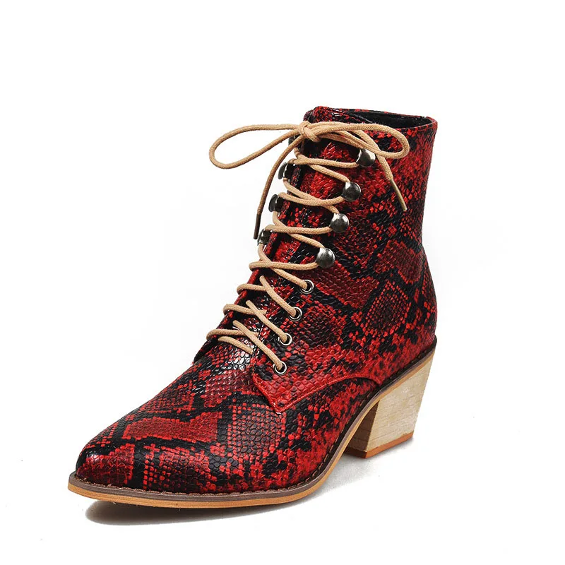 

Black Red Gold Snake Skin Boots Fall Women High Heel snakeskin Print Pointed Toe Cross-Tie Shoes Ladies Cowboy Boots Winter 2019