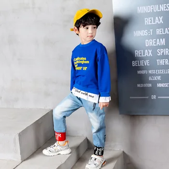 

2PCS WLG boys Autumn fashion clothing set kids fake two blue yellow hoodie and jean set baby boy clothes
