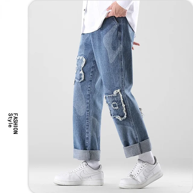 Beggar Patches Men's Jeans New Autumn Loose Straight Pants Korean Hip Hop Jeans Male Streetwear Harajuku Jogging Trousers M-5XL 3