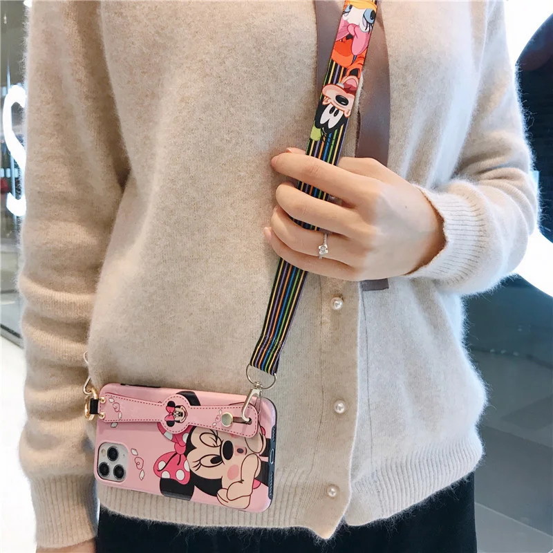 Disney Cartoon Mickey Minnie Mouse Daisy Donald Duck Wrist Strap Lanyard Phone Case For IPhone 12 Pro Max 11 7 8 Plus X XR SE XS