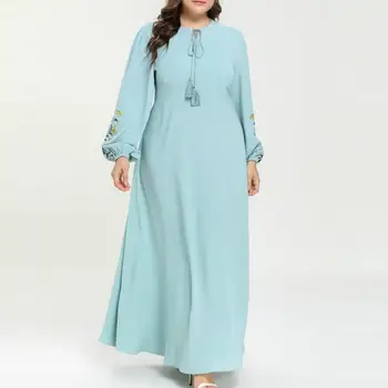 

Autumn Women Chiffon Long Sleeve O-Neck Dress Puff Sleeve Floral Embroidery Maxi Dress Bohemian Loose Plus Size Dresses