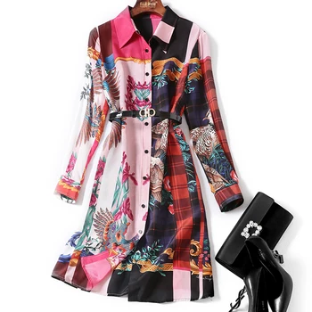 

New High end society 2020 lapel printed silk shirts straight loose waist long dress woman