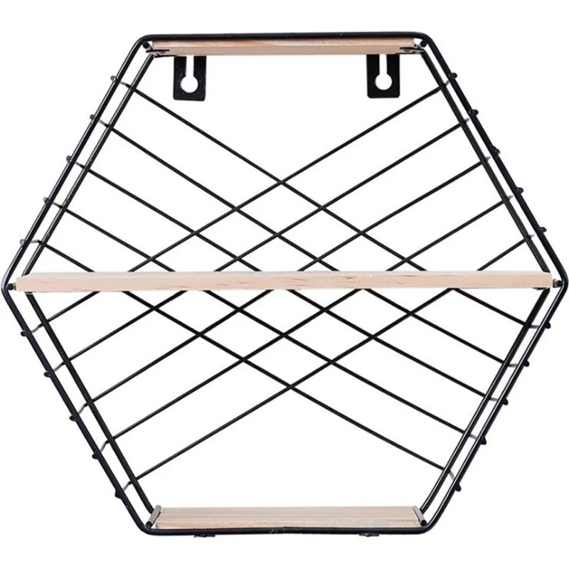 Free Shipping Hexagonal Double Layer Floating Shelves, Iron and Wood Wall Shelves with Nails