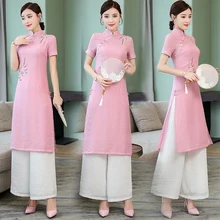 Женская шифоновая вьетнамская традиционная одежда аосай вьетнамские халаты+ штаны комплект Женский Китайский Улучшенный чонсам