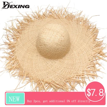 

Fashion Women Handmade Straw Hat Ladies Large Wide Brim Hats Gilrs Natural Raffia Panama Beach Jazz Hats for Holiday Caps
