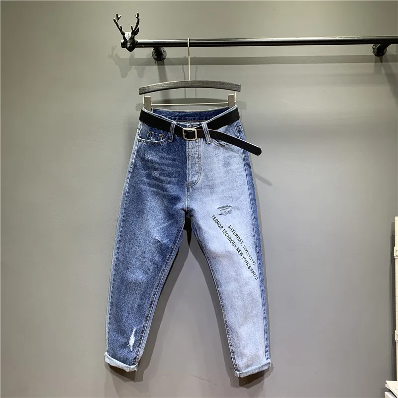 

2019 Jeans Mujer High Waist Jeans Letter Printed Women Full Length Bleach Wash Button Fly Pockets Straight Streetwear Regular