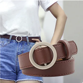 

2020 new hot ladies belt with round buckle ladies casual solid color denim faux leather belt classic belt
