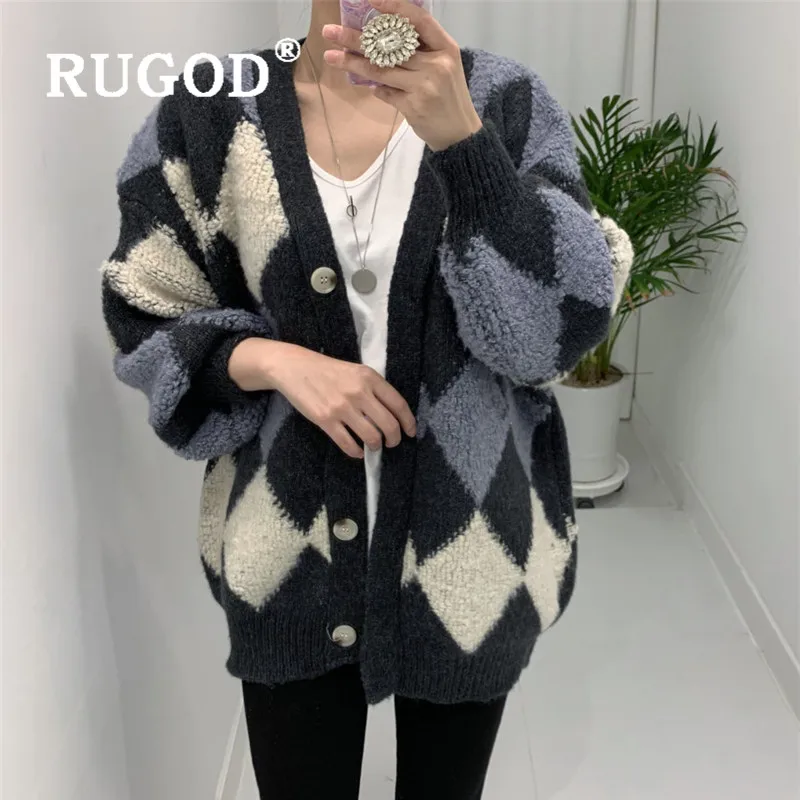 RUGOD винтажный свитер с узором диоманда, женский кардиган, зимние топы для женщин, пушистый трикотаж размера плюс, корейский стиль, мода