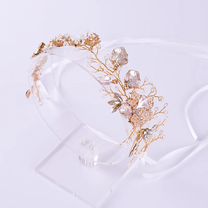 Mission Ming Headdress Europe And America Hot Sales Leaves Hair Band Hand-woven Pearl Headdress Wedding Accessories Bride Access