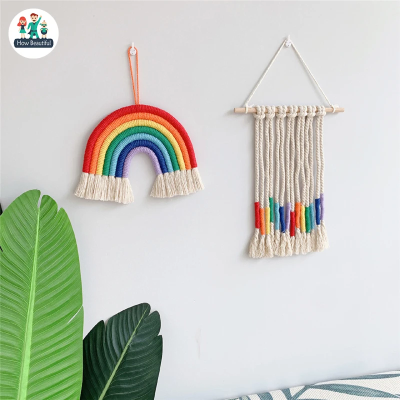 

Scandinavian Style Braided Rainbow Tapestry Windchimes Cotton Rope Rainbow And Wood Wall Hangings Wind Chimes Hanging Decoration