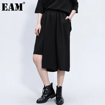 

[EAM] High Elastic Waist Black Irregular Long Wide Leg Trousers New Loose Fit Pants Women Fashion Tide Spring Summer 2020 1Z358