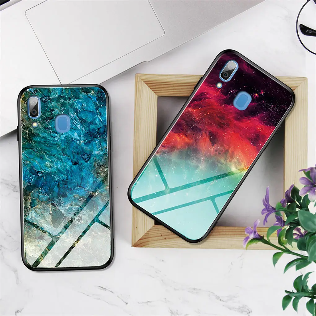 Чехол из закаленного стекла для samsung Galaxy A10 A20 A20e A30 A40 A50 A60 A70 градиентный цветной