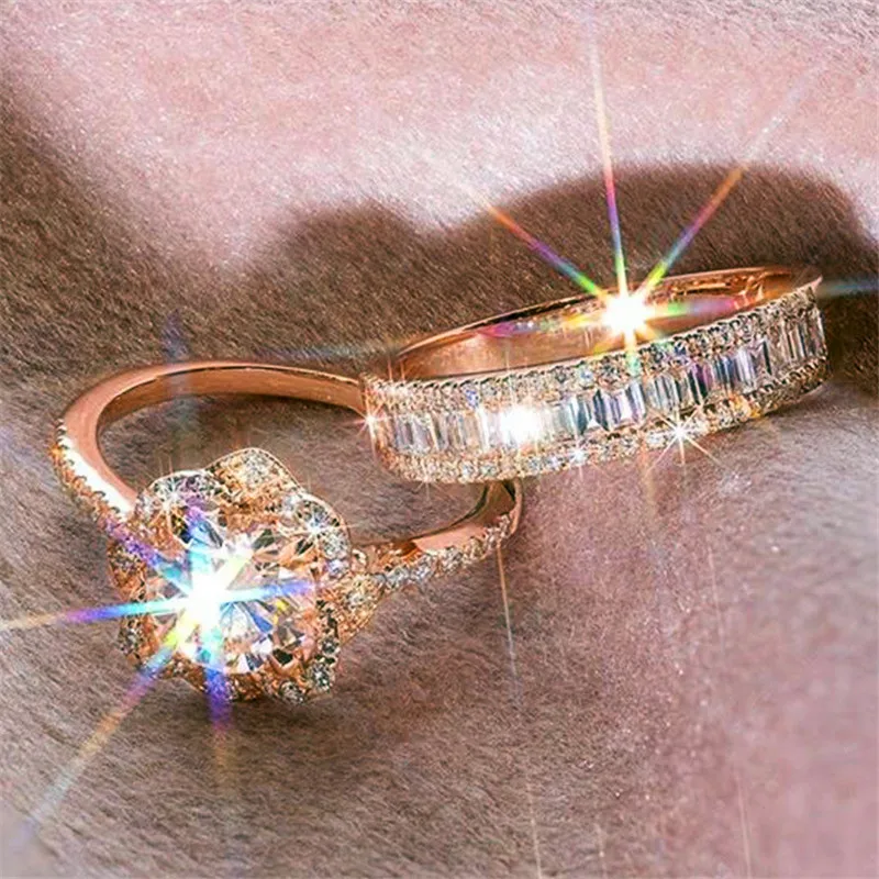 

Luxury Female Square Flower Zircon Ring Elegant Party Bride Wedding Ring Set Fashion Women Rose Gold Love Engagement Ring