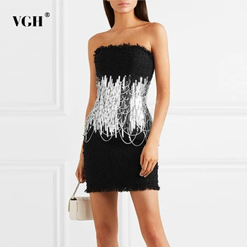 

VGH Strapless Patchwork Sequined Women's Dress Off Shoulder High Waist Bodycon Sexy Mini Evening Party Dresses Female 2020 New